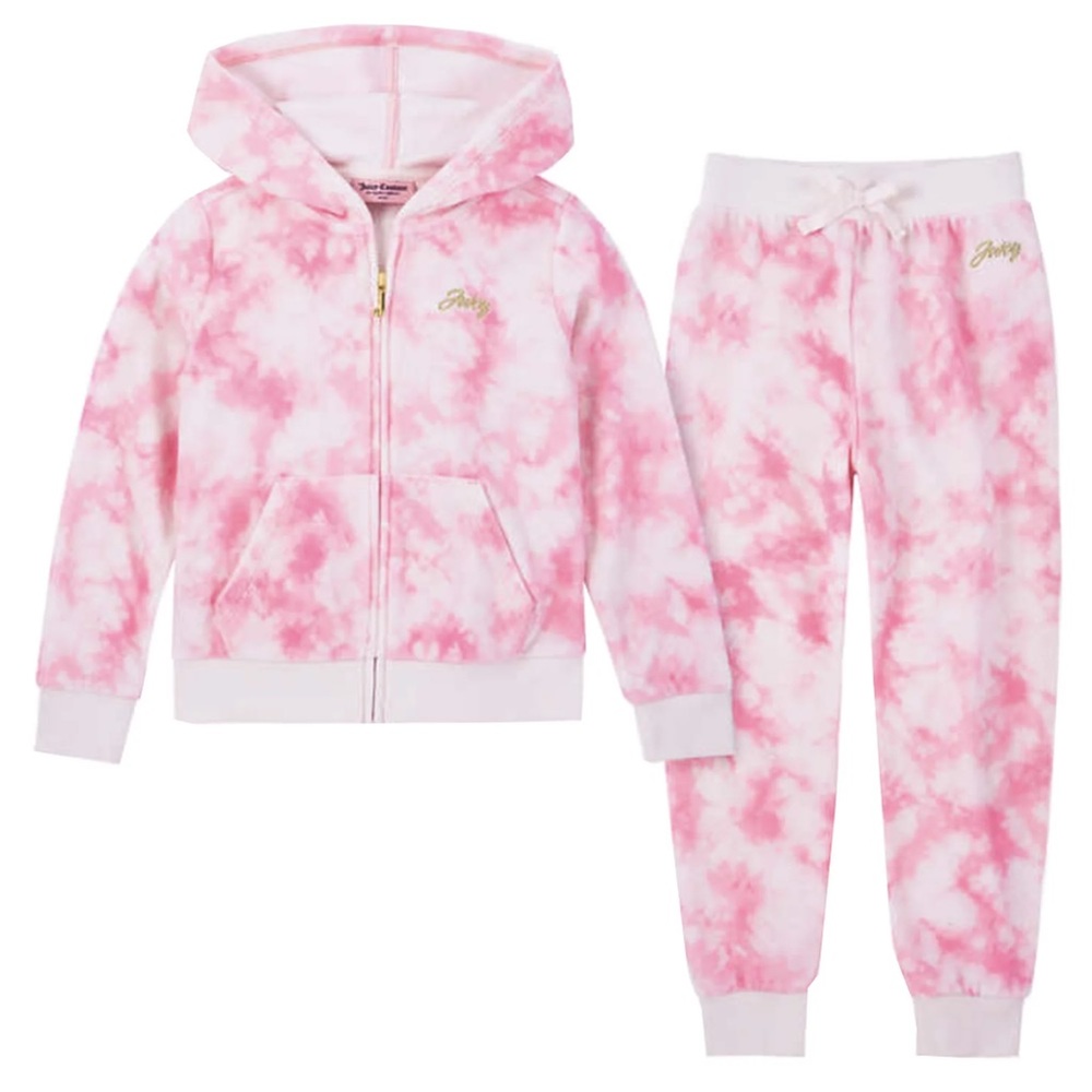 Juicy Couture Girls' 2 Piece Hoodie Jacket and Jogger Set in Pink Tie Dye